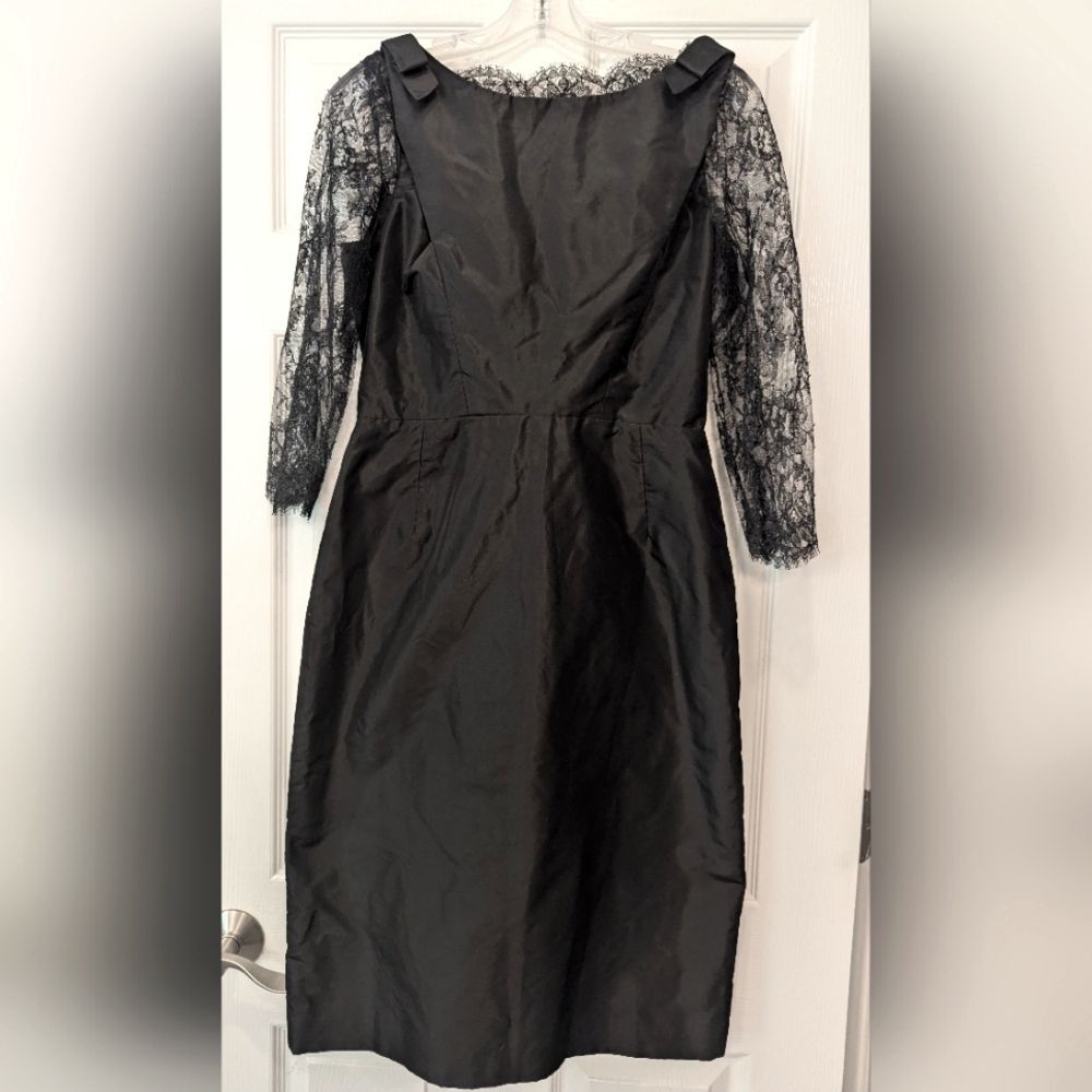 Teri Jon Black Lace Sheath Cocktail Silk Midi Dress Size 6 Bow Witchy Whimsical